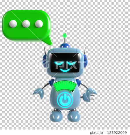 かわいい青いロボットのキャラクターがメッセージを考えているイラスト 128922009