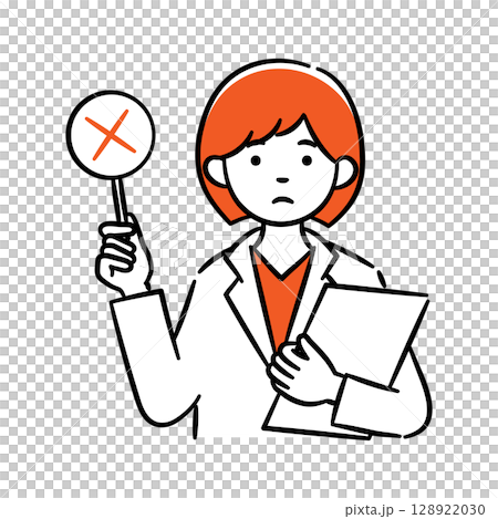 不正解の札を持つ若い女性医療従事者のシンプルイラスト 128922030