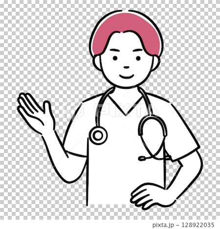 案内をする若い男性医療従事者のシンプルイラスト 案内をする若い男性医療従事者のシンプルイラスト 128922035