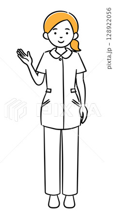 案内をする若い女性医療従事者のシンプルイラスト 128922056
