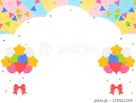 雲型の背景フレーム、ガーランド、風船、紙吹雪のデコレーション 128922204