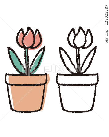 手描きの植木鉢のチューリップ 手描きの植木鉢のチューリップ 128922387