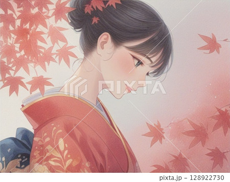 水彩で描いた紅葉と女の子のイラスト13 128922730