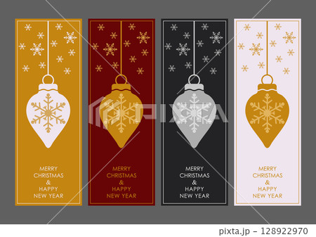 Christmas and New Year. A set of colorful postcards with a Christmas toy and snowflakes. Creative template for greetings, invitations, flyers and creative ideas in a minimalist style 128922970