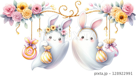 Cute Halloween Ghost Rabbit Couple with Floral Decor Cute Halloween Ghost Rabbit Couple with Floral Decor 128922991