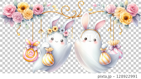Cute Halloween Ghost Rabbit Couple with Floral Decor Cute Halloween Ghost Rabbit Couple with Floral Decor 128922991