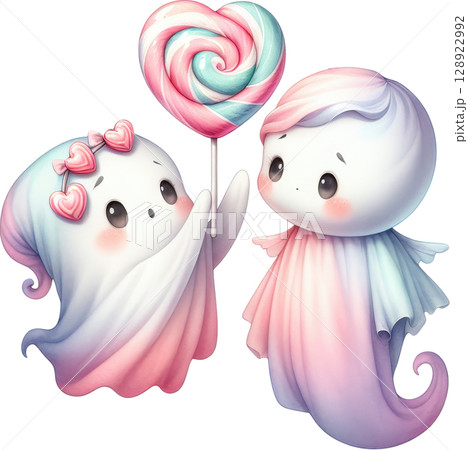 Two whimsical pastel colored ghost like figures embracing and holding a heart shaped lollipop Two whimsical pastel colored ghost like figures embracing and holding a heart shaped lollipop 128922992