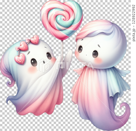 Two whimsical pastel colored ghost like figures embracing and holding a heart shaped lollipop Two whimsical pastel colored ghost like figures embracing and holding a heart shaped lollipop 128922992