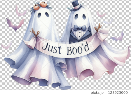 Cute Ghostly Couple Carrying Just Boo'd Banner 128923000
