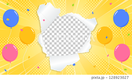 Perforated paper background frame, balloons, confetti, focus line decoration, sunburst 128923027