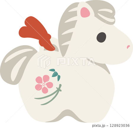 馬　うま　子馬　午　午年　土鈴　年賀2026　年賀状素材　2026　かわいい　和風モダン　イラスト 128923036