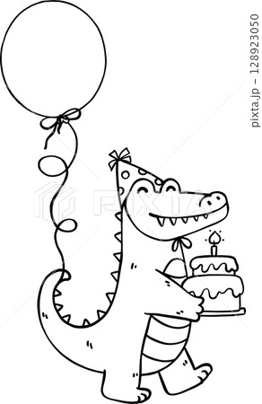 Cute Crocodile Birthday wears Party Hat Doodle Outline, Australia Animal Birthday 128923050