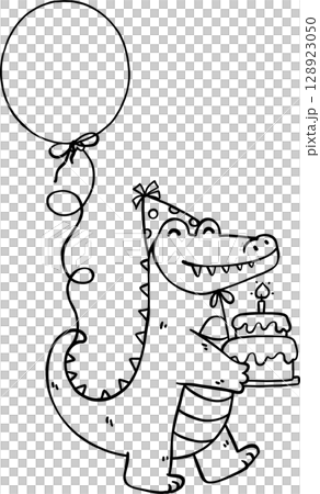 Cute Crocodile Birthday wears Party Hat Doodle Outline, Australia Animal Birthday 128923050