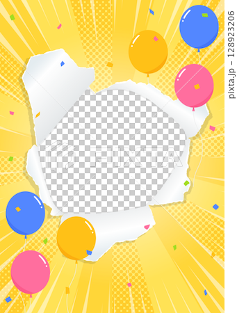 Perforated paper background frame, balloons, confetti, focus line decoration, sunburst 128923206