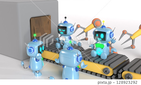 かわいい青いロボット生産される工場のイラスト かわいい青いロボット生産される工場のイラスト 128923292