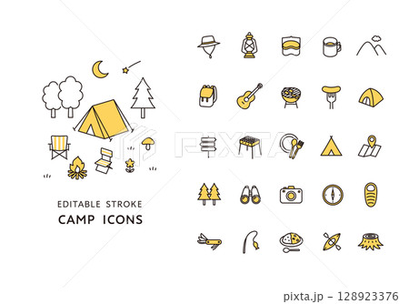 キャンプにまつわるアイコンセット(カラー) キャンプにまつわるアイコンセット(カラー) 128923376
