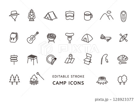 キャンプにまつわるアイコンセット(モノクロ) キャンプにまつわるアイコンセット(モノクロ) 128923377