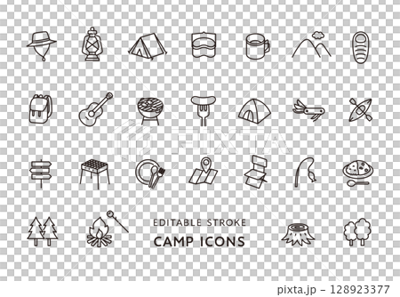 キャンプにまつわるアイコンセット(モノクロ) キャンプにまつわるアイコンセット(モノクロ) 128923377