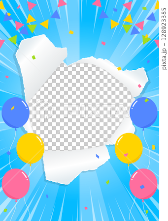 Perforated paper background frame, balloons, confetti, garland, concentrated line decoration, sunburst Perforated paper background frame, balloons, confetti, garland, concentrated line decoration, sunburst 128923385