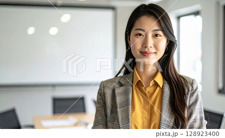 会議室で整った姿勢のビジネス女性の近影 128923400
