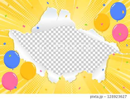 Perforated paper background frame, balloons, confetti, focus line decoration, sunburst Perforated paper background frame, balloons, confetti, focus line decoration, sunburst 128923627