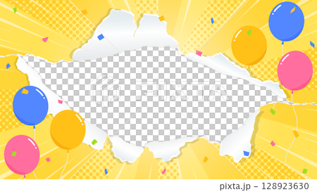 穿孔紙背景框、氣球、五彩紙屑、集中線裝飾、旭日 穿孔紙背景框、氣球、五彩紙屑、集中線裝飾、旭日 128923630