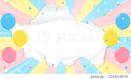 穴の空いた紙の背景フレーム、風船、紙吹雪、集中線、光のデコレーション、サンバースト 128923674