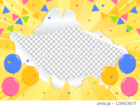 Perforated paper background frame, balloons, confetti, garland, concentrated line decoration, sunburst Perforated paper background frame, balloons, confetti, garland, concentrated line decoration, sunburst 128923675