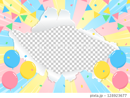 穴の空いた紙の背景フレーム、風船、紙吹雪、ガーランド、集中線のデコレーション、サンバースト 穴の空いた紙の背景フレーム、風船、紙吹雪、ガーランド、集中線のデコレーション、サンバースト 128923677