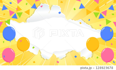 穴の空いた紙の背景フレーム、風船、紙吹雪、ガーランド、集中線のデコレーション、サンバースト 穴の空いた紙の背景フレーム、風船、紙吹雪、ガーランド、集中線のデコレーション、サンバースト 128923678