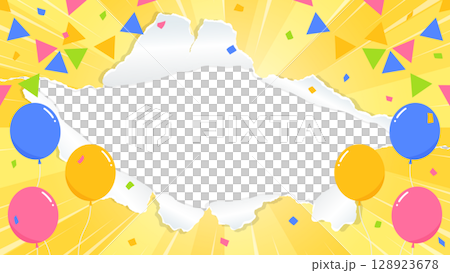 穴の空いた紙の背景フレーム、風船、紙吹雪、ガーランド、集中線のデコレーション、サンバースト 穴の空いた紙の背景フレーム、風船、紙吹雪、ガーランド、集中線のデコレーション、サンバースト 128923678