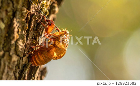 夏の終わりを告げる樹皮のセミの抜け殻 夏の終わりを告げる樹皮のセミの抜け殻 128923682