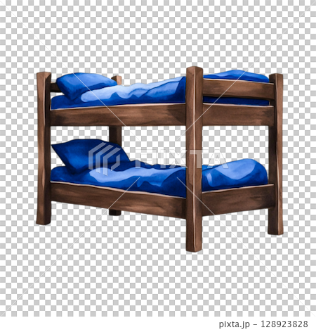 Wooden Bunk Bed with Blue Bedding for Cozy Bedroom or Playroom Decor 128923828