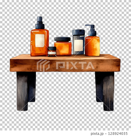 Elegant Display of Skincare Containers on Rustic Wooden Table in Warm Tones Elegant Display of Skincare Containers on Rustic Wooden Table in Warm Tones 128924035