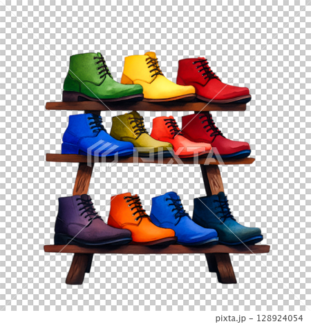 Colorful Shoes Displayed on Wooden Shelves in Artistic Illustration Style 128924054