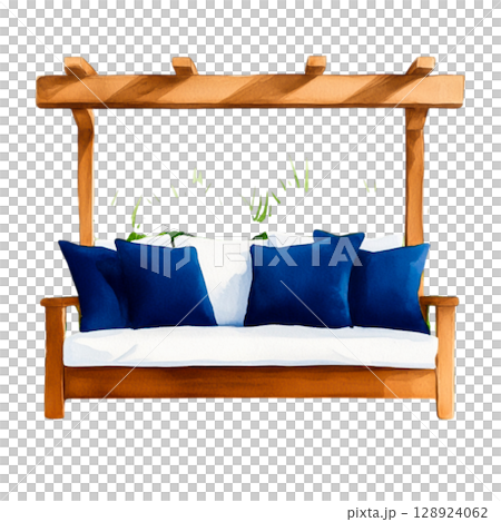 Cozy Wooden Swing Bed with Blue Cushions Surrounded by Lush Greenery for Relaxation Cozy Wooden Swing Bed with Blue Cushions Surrounded by Lush Greenery for Relaxation 128924062