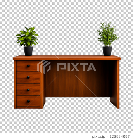Modern Wooden Desk with Potted Plants in Minimalistic Workspace Design 128924097