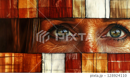 Mature woman with green eyes peering through wooden slats 128924110