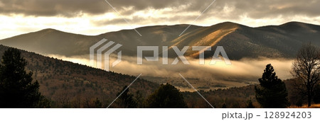 Majestic Mountain Landscape Golden Sunrise Foggy Valley Scenic View sky dawn wild hills trees light 128924203