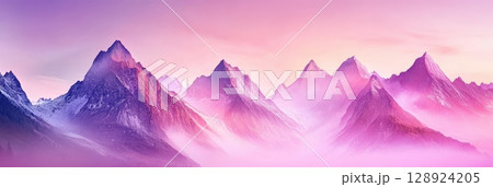 Pink Purple Misty Mountain Range Scenic View Nature Landscape fog sky rock snow cold calm soft peaks 128924205