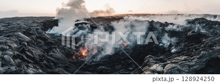Volcanic Lava Flow Dramatic Smoke Texture Dark Nature Hot Red Rock Fire Heat View Wild Grey Stone 128924250