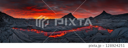 Fiery Volcanic Lava Flow Dramatic Sunset Landscape Epic Nature Scene Volcanic Mountains red hot sky 128924251