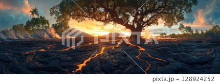 Majestic Tree Lava Flow Sunset Dramatic Volcanic Landscape Nature Scene hot red sky day art fire 128924252