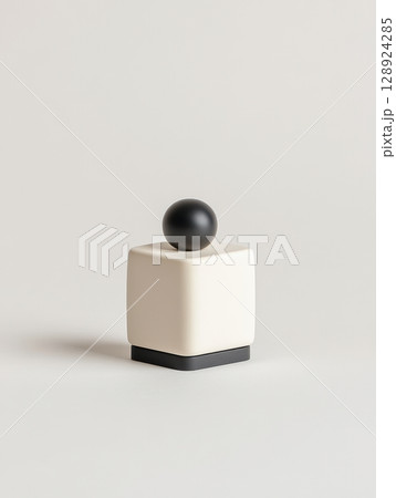 Modern Minimalist Black Sphere on Cream Cube Abstract Design Object 3d art form tone life white 128924285
