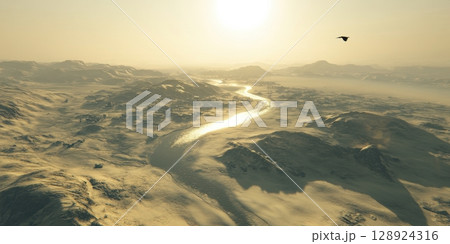 Aerial View Serene Winter River Valley Landscape Golden Hour Dramatic Hills Sky Snow Cold Sand Rock Aerial View Serene Winter River Valley Landscape Golden Hour Dramatic Hills Sky Snow Cold Sand Rock 128924316