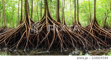 Mangrove Forest Roots Intricate Network Nature Scene Tropical Ecosystem Lush Green Canopy Wood Dark 128924384
