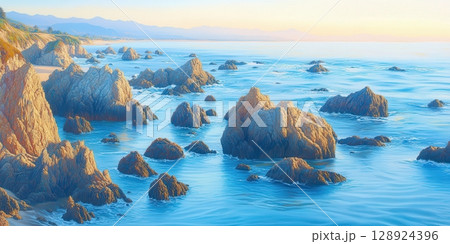 Stunning Coastal Rocks Ocean Sunset Seascape View Pacific Calm Water sky day art blue shore waves 128924396