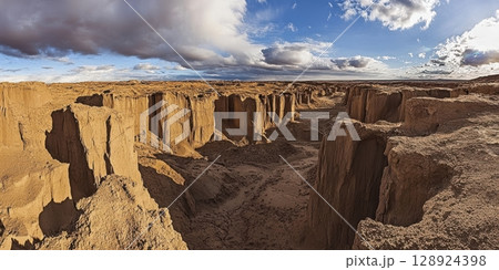 Dramatic Desert Canyon Landscape Breathtaking Sand Formations Golden Hour sun sky arid rock view 128924398