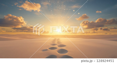 Desert Sunset Landscape Footprints Golden Hour Sand Dunes Scenic View sky art calm warm heat arid 128924451