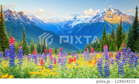 Vibrant Wildflower Meadow Stunning Mountain Peak Landscape Nature Photography red blue view green 128924515